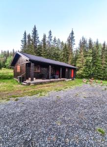 a log cabin with a gravel road in front of it at Sjoaasen Hytte in Tuddal
