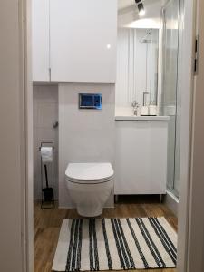 biała łazienka z toaletą i umywalką w obiekcie Apartament przy Starówce w mieście Sandomierz +14 zdjęć