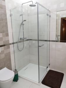 W łazience znajduje się prysznic ze szklanymi drzwiami. w obiekcie W sercu Srebrnej Góry w Srebrnej Górze