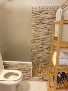 a bathroom with a toilet and a shelf with towels at Apartamento Pardela in Adeje
