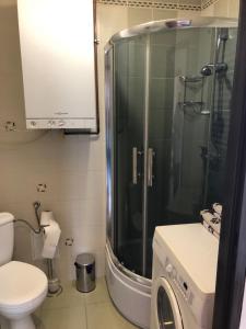 a bathroom with a shower and a toilet and a sink at Apartament "U OLI" in Lądek-Zdrój