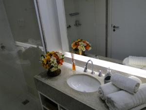 un baño con lavabo y espejo en Flat Itaipava - Granja Brasil, en Itaipava 2 fotos más