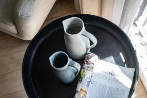 two vases sitting on a black table with a magazine at Villa Jasmine in Bolzano