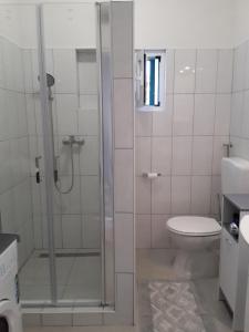 a bathroom with a shower with a toilet and a sink at Villa Ante - with pool in Rogač