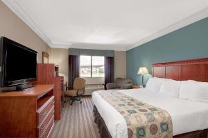 a hotel room with a bed and a flat screen tv at Ramada by Wyndham Houston Intercontinental Airport South in Houston
