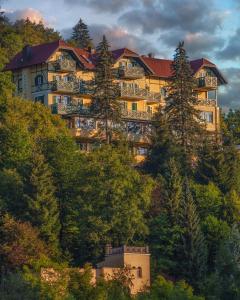 a large building on the side of a hill with trees at Hotel Triglav in Bled