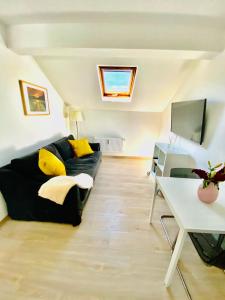 ein Wohnzimmer mit einem schwarzen Sofa und einem Tisch in der Unterkunft Cozy flat near Moselle Remich in Remich