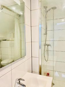 ein Bad mit einer Dusche und einem Waschbecken in der Unterkunft Cozy flat near Moselle Remich in Remich