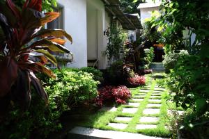 a garden with green grass and plants and a walkway at Sunshine Bungalow in Phu Quoc