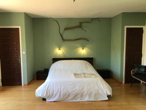 a bedroom with a white bed and green walls at Villa Bonheur Vallespir in Céret +52 photos