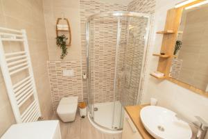 een badkamer met een douche, een toilet en een wastafel bij Apartment 63 - 3 in Zagreb
