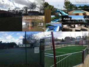 eine Collage mit vier Bildern eines Tennisplatzes in der Unterkunft Mobilhome bien équipé et climatisé in Mimizan