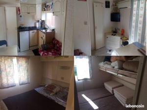 a collage of pictures of a kitchen and a living room at Mobilhome bien équipé et climatisé in Mimizan