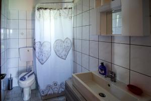 a bathroom with a toilet and a shower curtain with hearts at Lucia's Home in Skala Potamias