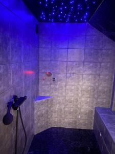 La salle de bains est pourvue d'une douche avec des lumières violettes. dans l'établissement Hammam et spa privatifs by jordans collection, à Dijon