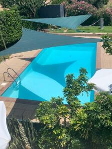 uma piscina azul com uma lona à volta em Spiti Damianos Villa Beachfront em Pomos
