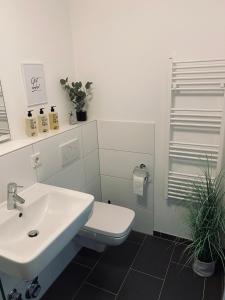 een witte badkamer met een wastafel en een toilet bij Wanderlust Trier in Trier