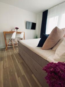 een slaapkamer met een bed, een bureau en een televisie bij Wanderlust Trier in Trier