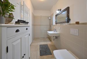 a bathroom with a sink and a toilet and a mirror at Ferienwohnung TreibGood in Glowe