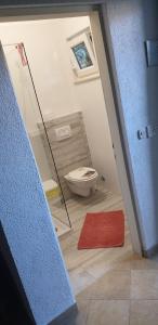 bagno con servizi igienici e tappeto rosso di Apartments Finida a Poreč (Parenzo)