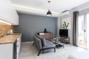 Il comprend une cuisine et un salon avec une chaise et une télévision. dans l'établissement Omnia Pagrati Apartments, à Athènes