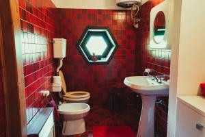 a red tiled bathroom with a toilet and a sink at Az. Agr. Tenuta La Casetta in Mama