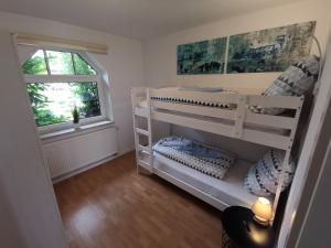 een kamer met 2 stapelbedden en een raam bij Steuerbord in Neuharlingersiel