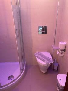 a pink bathroom with a toilet and a shower at Vergos Hotel in Vourvourou