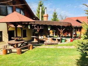 a backyard with a picnic table and an umbrella at Casa Maria Izvorul Muresului in Izvoru Mureşului