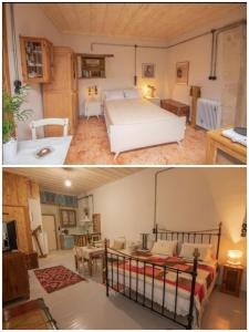 two pictures of a bedroom with a bed and a living room at "Eirini" traditional house Creta Archanes, Αρχάνες σπίτι in Archanes
