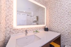 La salle de bains est pourvue d'un lavabo blanc et d'un miroir. dans l'établissement Holiday Inn Detroit Northwest - Livonia, an IHG Hotel, à Livonia