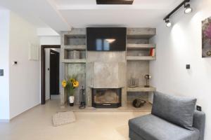 a living room with a fireplace and a gray couch at Orion Eco Suites in Karteros