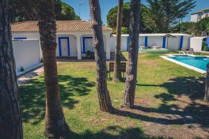 een huis met een zwembad en een groep bomen bij Chalet Sancti Petri in Chiclana de la Frontera