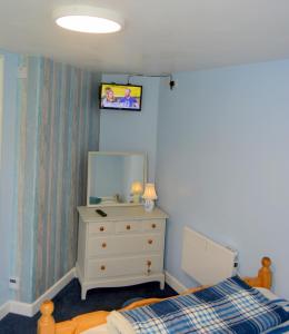 a bedroom with a bed and a dresser and a mirror at The Creamery in Liskeard