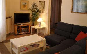 a living room with a couch and a tv at Chez Edèll in Monpazier