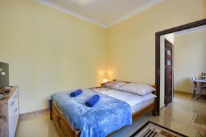 a bedroom with a bed with blue pillows on it at Apartamenty pod Górą Parkową in Krynica Zdrój