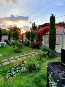 un patio trasero con un jardín con un banco y flores en Vila Granada, en Eforie Nord