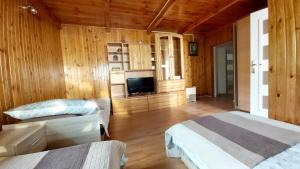 a room with two beds and a television in it at Agroturystyka KRAINA JEZIOR in Ludwin