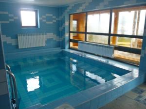 a large swimming pool in a bathroom with blue tiles at Pensiunea Skiland in Muntele Băişorii