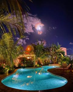 a swimming pool at night with palm trees at Pousada Ilha do Vento in São Miguel do Gostoso