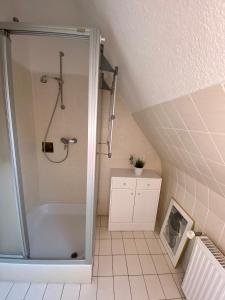 un bagno con doccia in mansarda di Ferienwohnung Albrecht a Wilhelmshaven