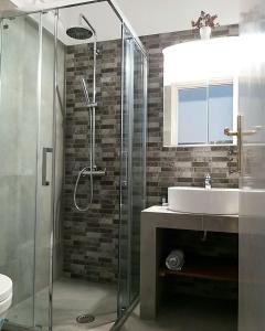 a bathroom with a glass shower and a sink at Mavrikou Helen Apartments in Skiros