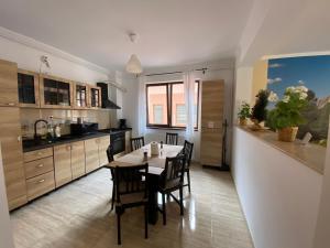 ブシュテニにあるApartament Holiday Busteniのテーブルと椅子のあるキッチンとダイニングルーム