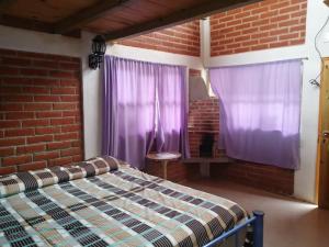 ein Schlafzimmer mit einem Bett und einer Ziegelwand in der Unterkunft Posada Santa María in Mineral del Chico
