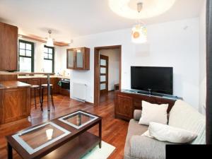 Televízia a/alebo spoločenská miestnosť v ubytovaní Apartament Haffnera 10
