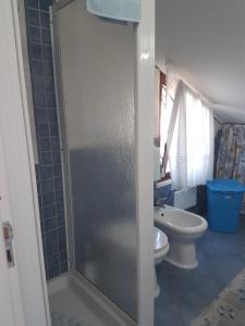 une salle de bain avec une douche avec des toilettes et un lavabo dans l'établissement Mansarda Camelie via dei Normanni, 45, à Campofelice di Roccella 36 autres photos