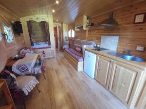 a kitchen and living room in a log cabin at Roulotte du Soleil in Eyragues