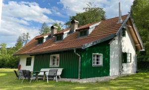 a green and white house with a table and chairs at STEYR RIVER LODGE in Hinterstoder