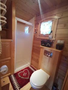 Un pequeño baño con inodoro y ventana. en Roulotte du Soleil - Mas du Soleil, en Eyragues 5 fotos más