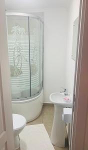 une salle de bains avec douche, toilettes et lavabo dans l'établissement Casa De Sub Munte, à Buşteni